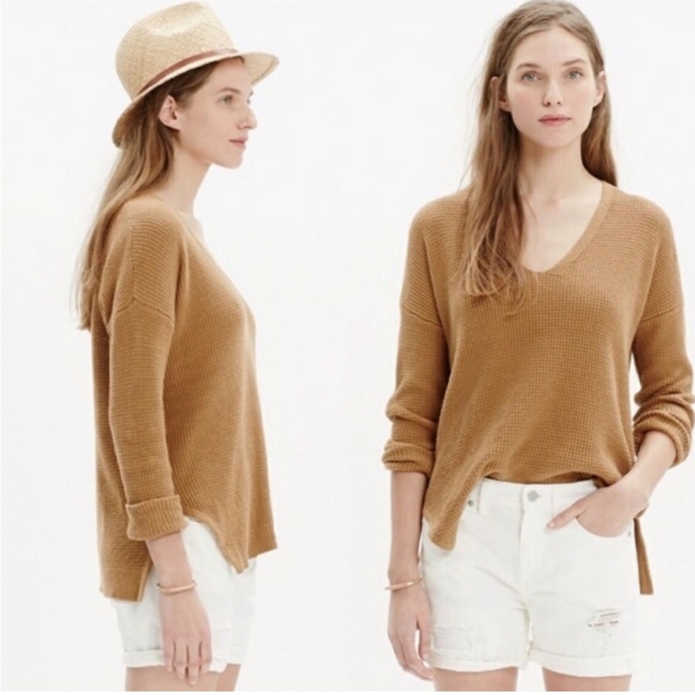 Madewell Camel/Tan V-Neck Waffle Knit Sweater